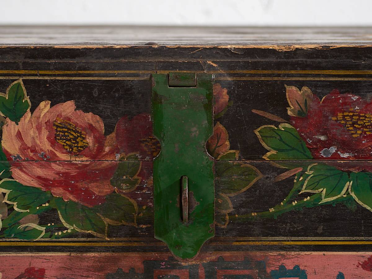 Antique oriental trunk with lotus flower paintings (c.1900) #11