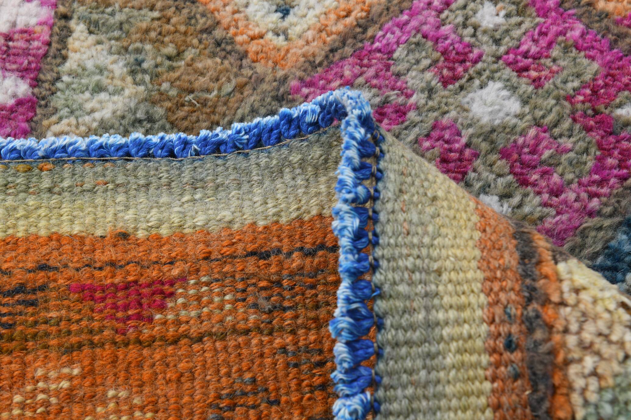 Blue Pink Geometric Oushak Runner Rug, 80x302Cm