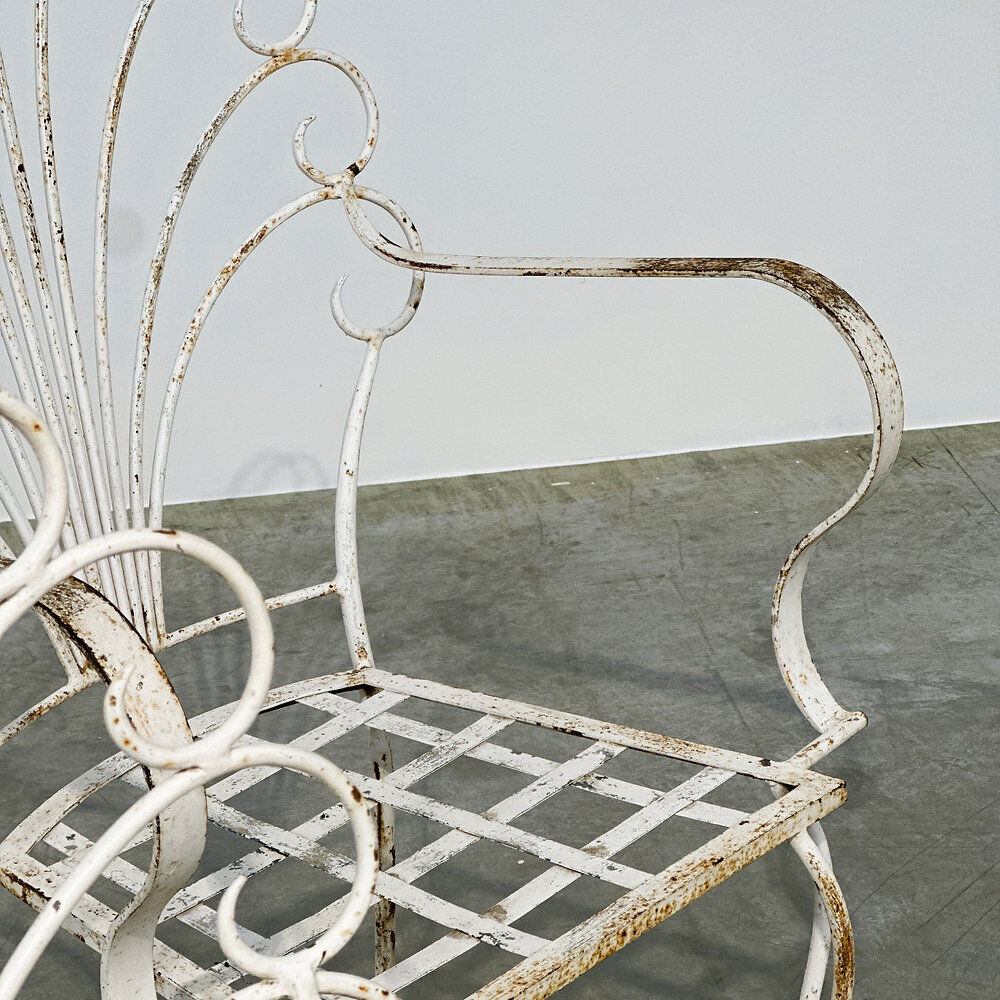 Rare exquisite set of six French peacock garden patio chairs, 1950s