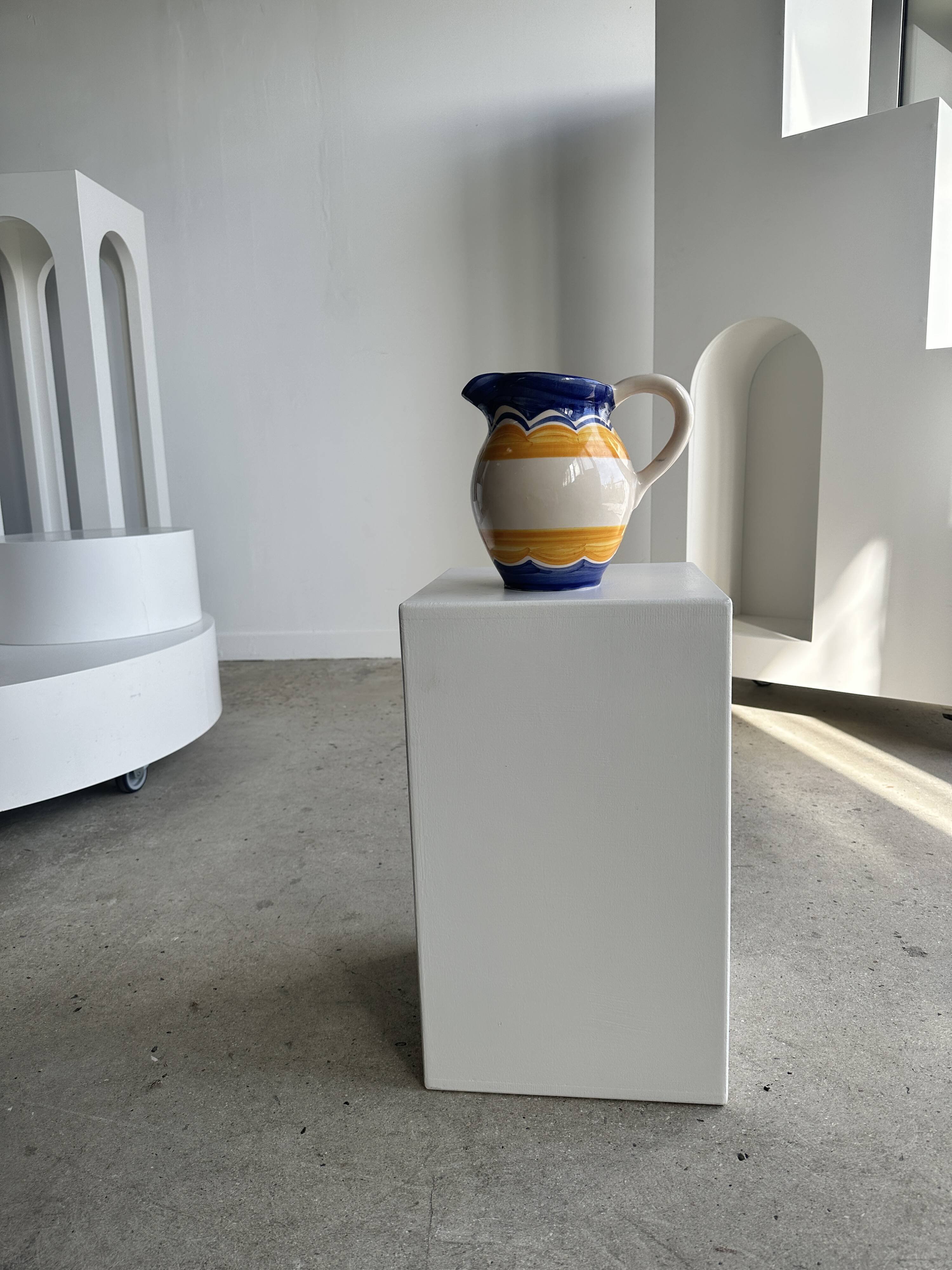Large blue and yellow hand painted carafe H:20cm