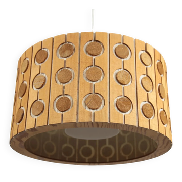 Scandinavian pine pendant lamp with carved circle motif – 1960s/1970s