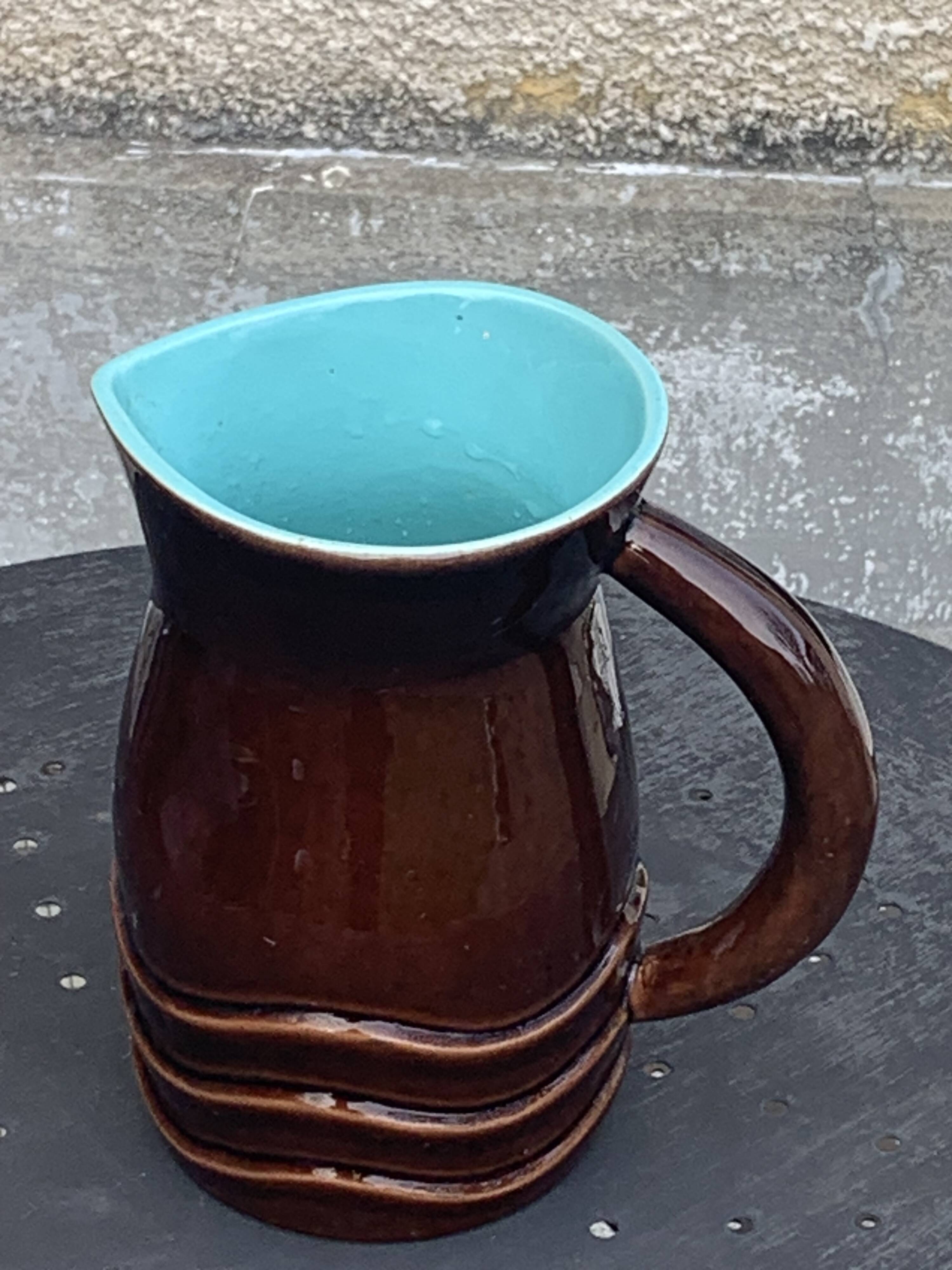 Jug, pitcher, pl france, poet laval, undulate, vintage 1950 in enameled ceramic, brown, turquoise