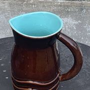 Jug, pitcher, pl france, poet laval, undulate, vintage 1950 in enameled ceramic, brown, turquoise