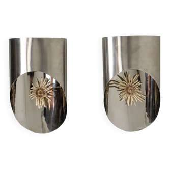 Pair of large polished metal wall sconces. 1970s