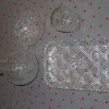 Glass, decanter, flat and old glass bowl with relief