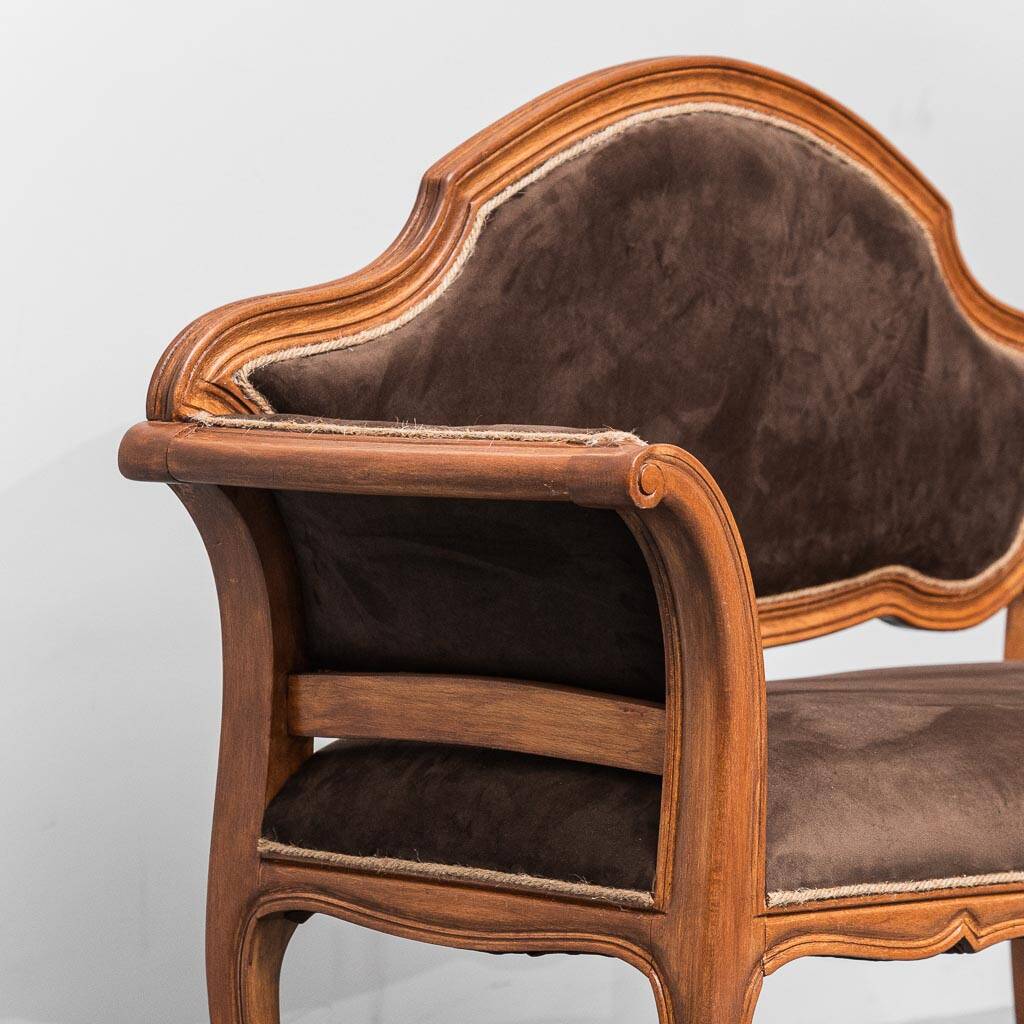 Vintage bench in brown velvet and carved wood, 1950s modernism