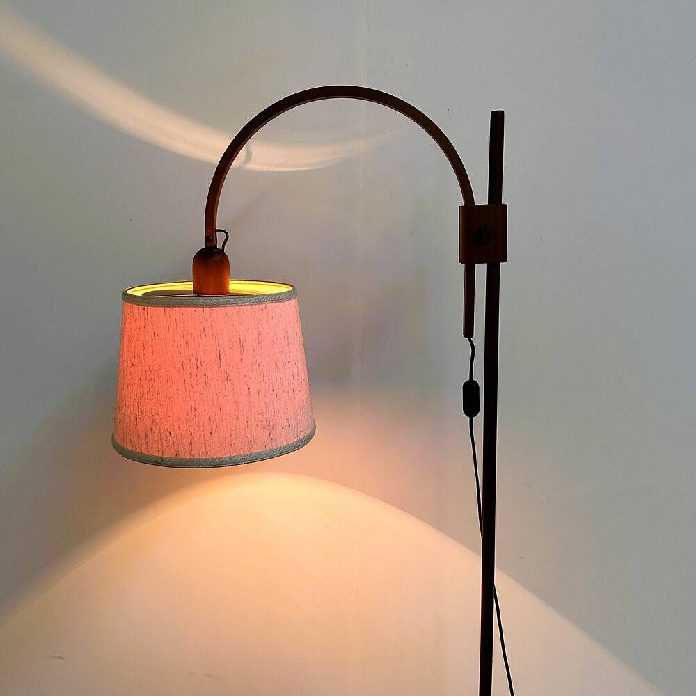 Mid-century modern adjustable teak arc floor lamp with fabric shade, 1960s