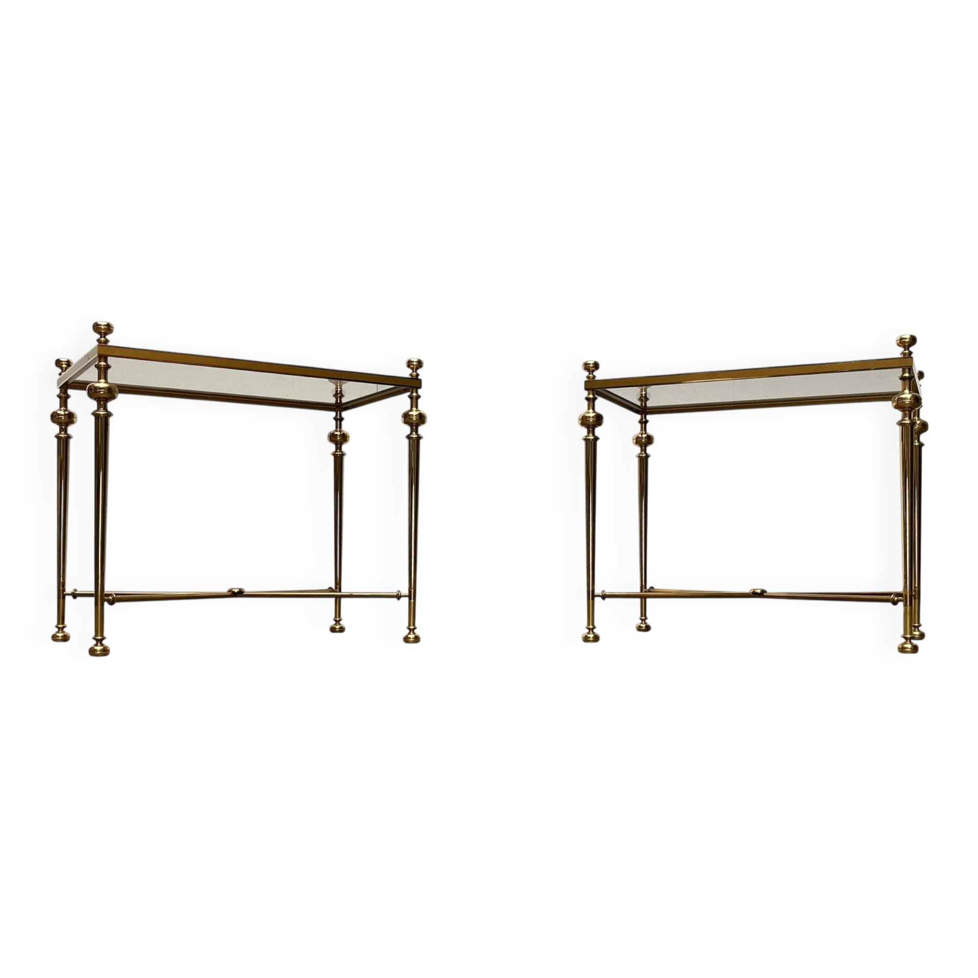 Mid-century Hollywood neoclassical brass and glass side or bedside tables attributed to Vereinigte Werkstätten, Germany, 1960s, set of 2.