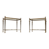 Mid-century Hollywood neoclassical brass and glass side or bedside tables attributed to Vereinigte Werkstätten, Germany, 1960s, set of 2.