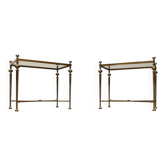 Mid-century Hollywood neoclassical brass and glass side or bedside tables attributed to Vereinigte Werkstätten, Germany, 1960s, set of 2.