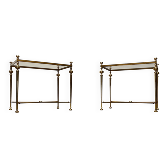 Mid-century Hollywood neoclassical brass and glass side or bedside tables attributed to Vereinigte Werkstätten, Germany, 1960s, set of 2.