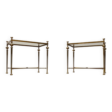 Mid-century Hollywood neoclassical brass and glass side or bedside tables attributed to Vereinigte Werkstätten, Germany, 1960s, set of 2.