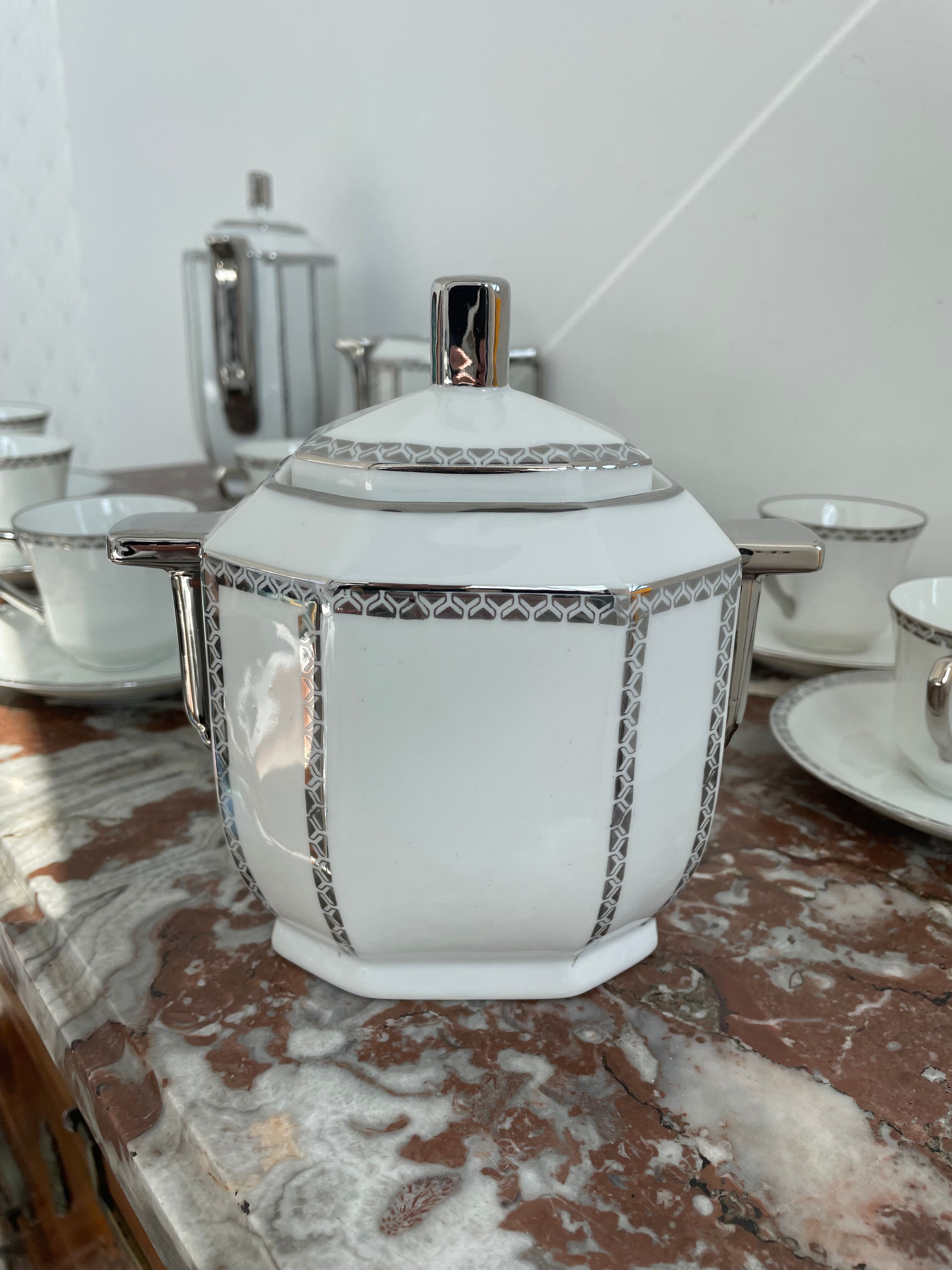 Coffee set, tea 1925, art deco, union céramique, uc, limoges, 8 cups, 8 subcups, teapot