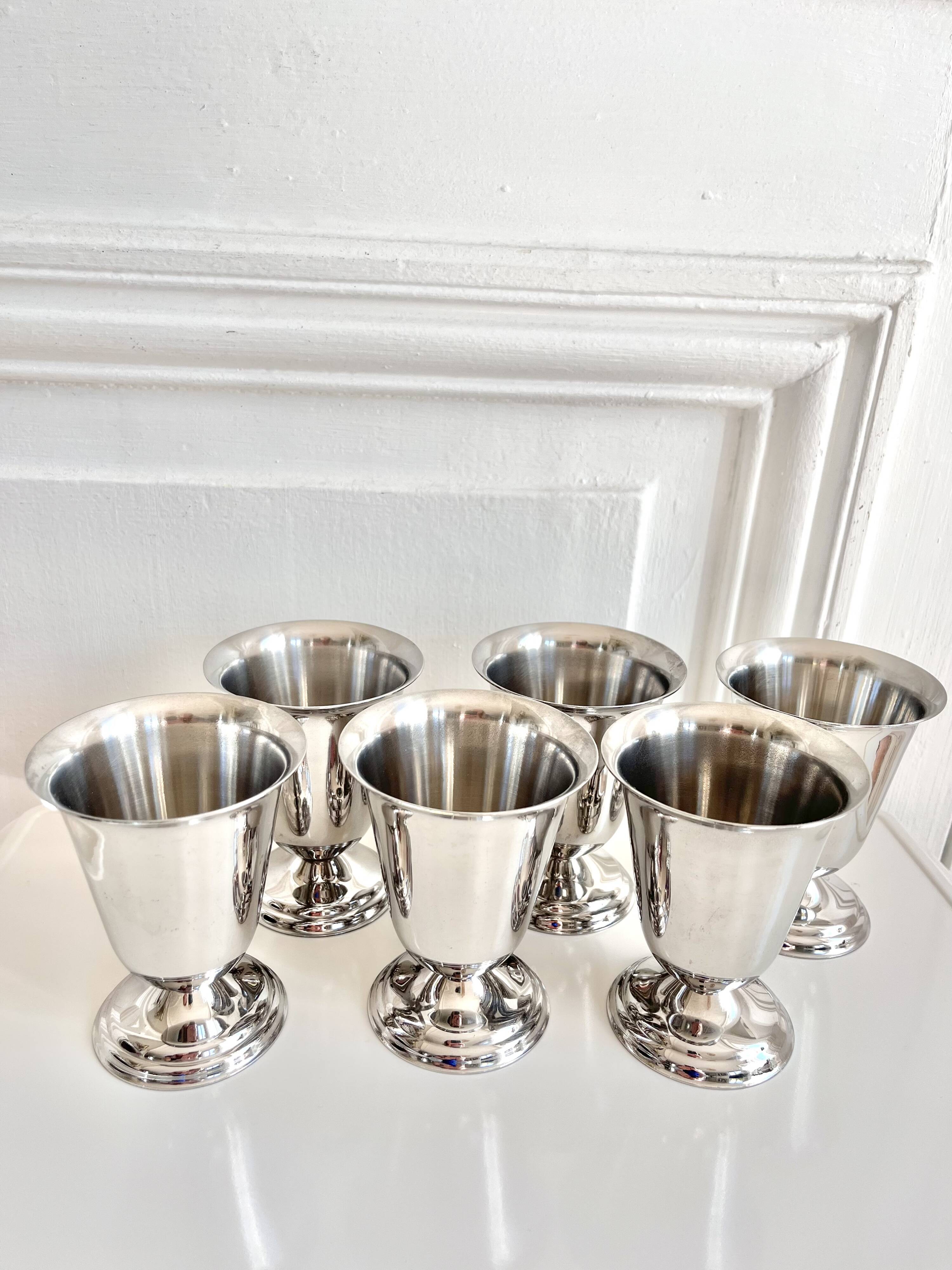6 vintage stainless steel ice cream cups in the shape of a tumbler.