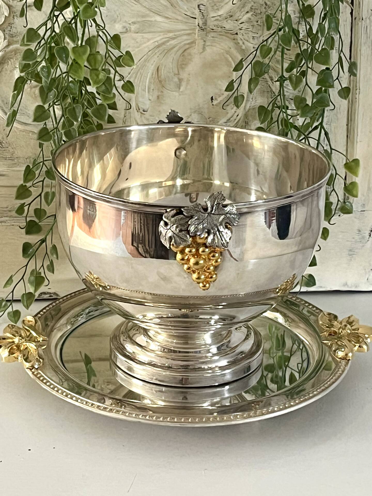 Silver Plated Grape Ice Bucket with Pedestal Tray, French ice bucket