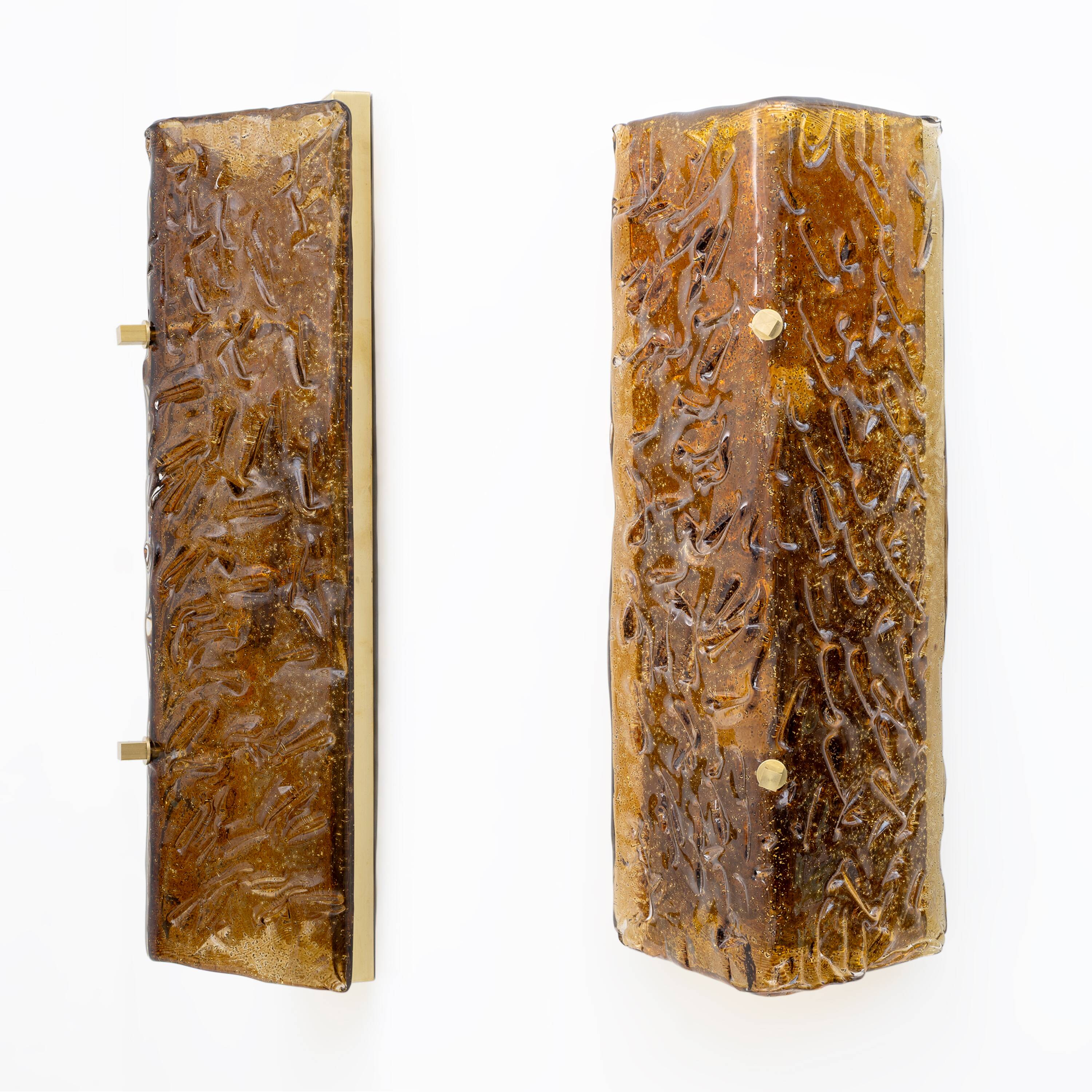 Pair of Amber Murano Glass and Brass Sconces