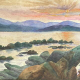 Tableau peinture ancienne coucher de soleil début XXe