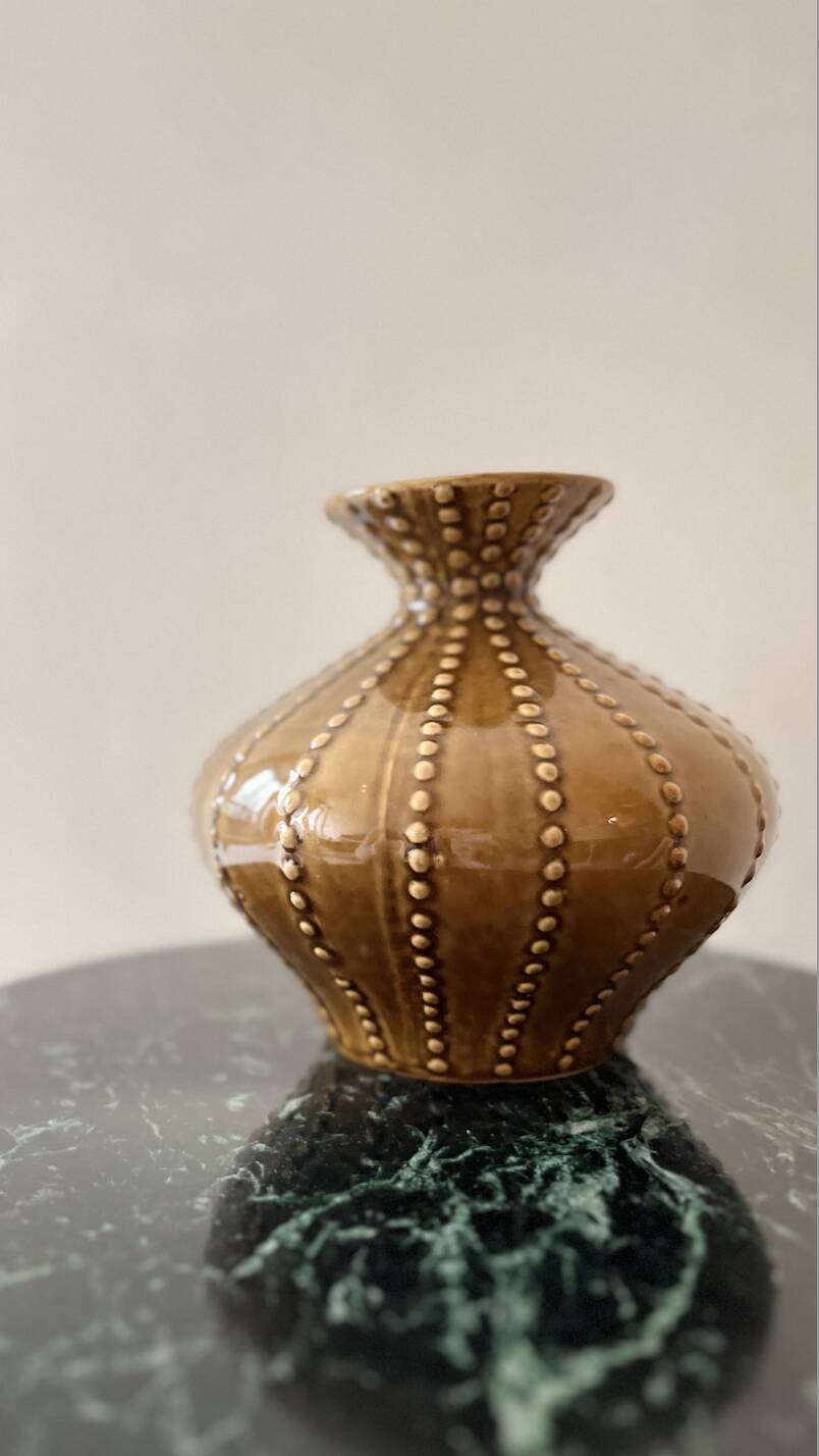 pear-shaped vase in ocher enameled ceramic and pearls