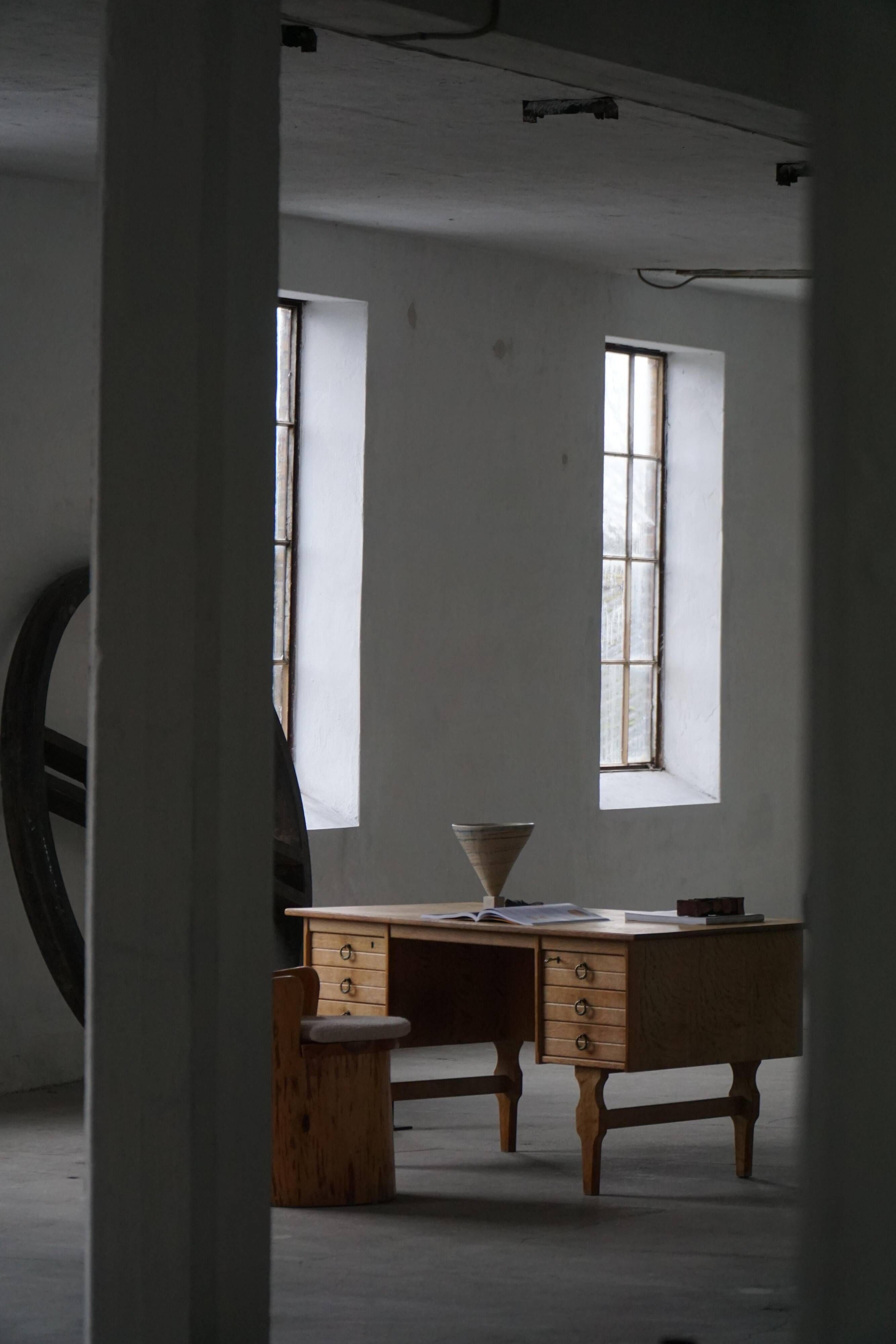 Free-standing oak desk by Henning Kjærnulf, mid-century Danish modernism, 1950s.