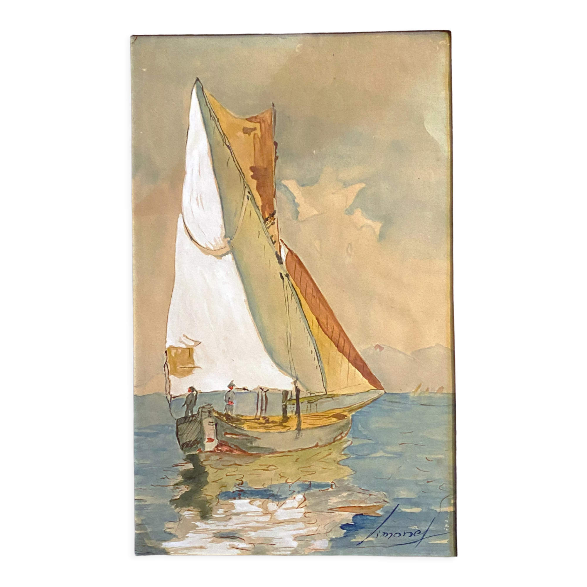 Old watercolor painting "Sailboat sailing" signed Simonet