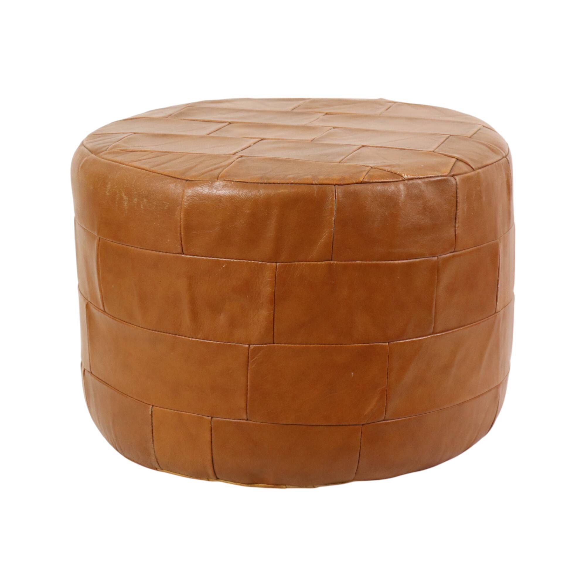 Vintage Round Brown Pouf Patchwork Patches Faux Leather 45cm