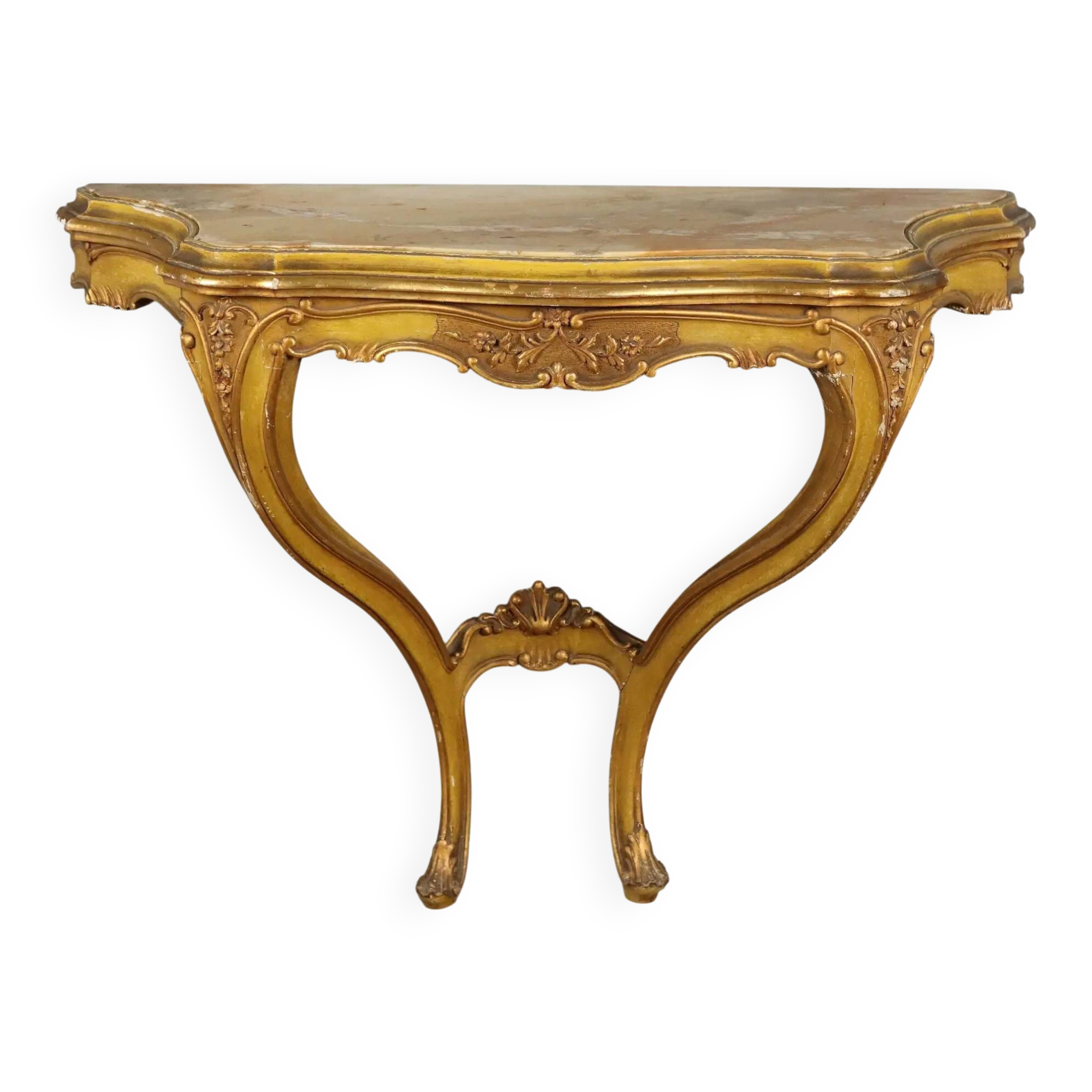 Antique console in carved gilded wood and marble, Italy, 19th century.