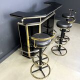 Hollywood regency bar with three stools, 1970s
