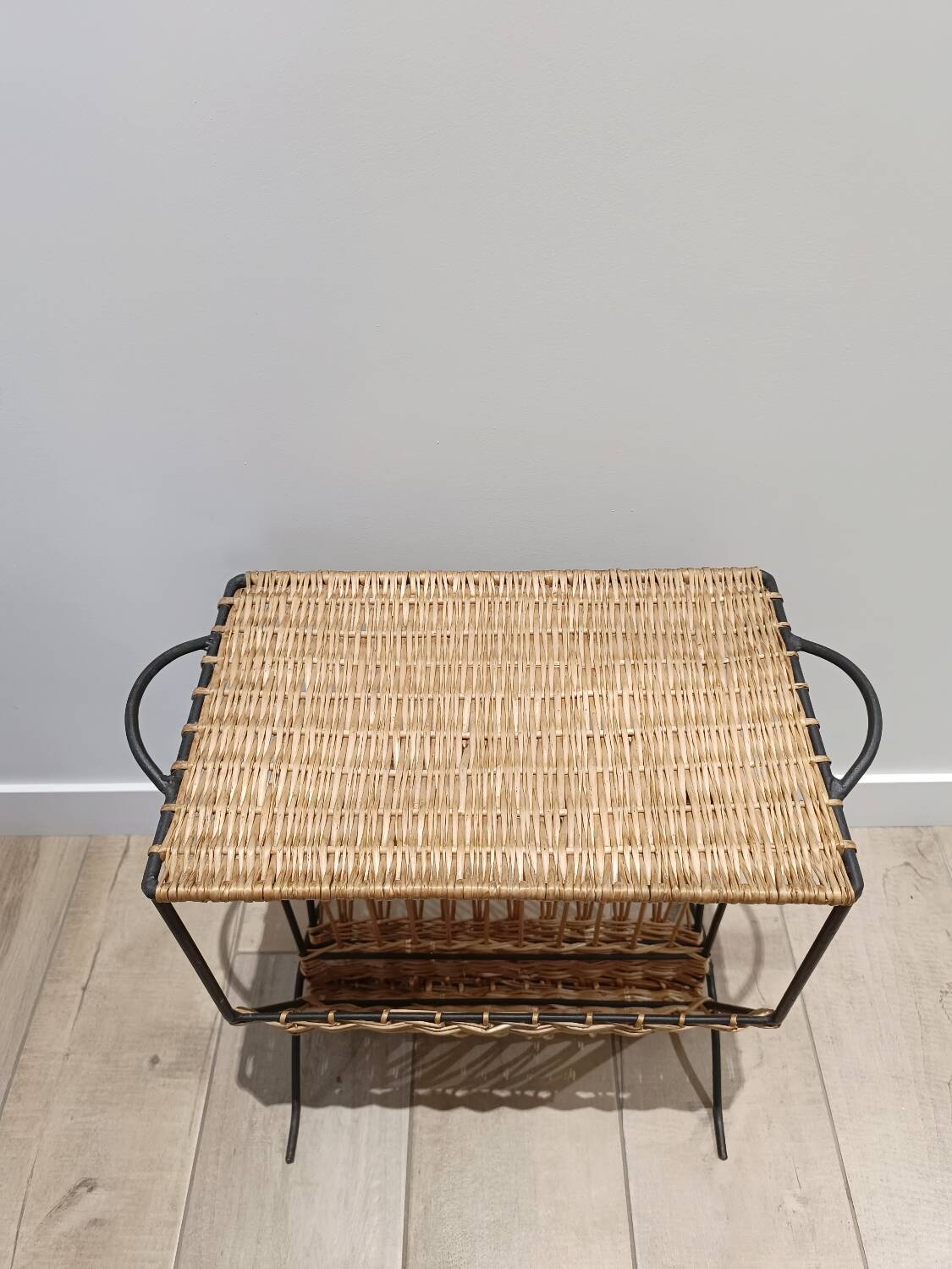 Wicker and metal side table magazine rack