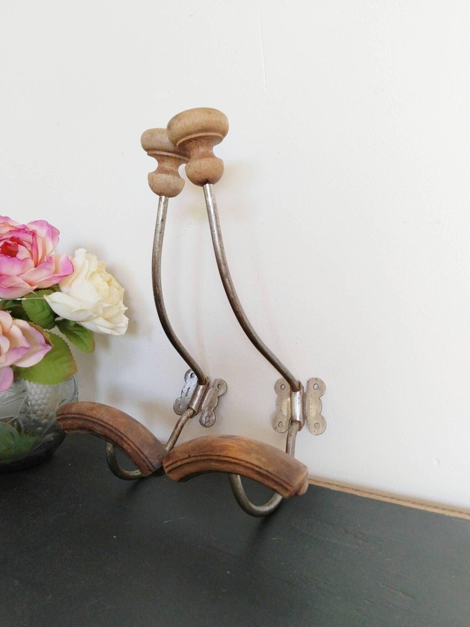 Coat racks in wood and iron, vintage coat hooks, 50s/60s, cloakroom