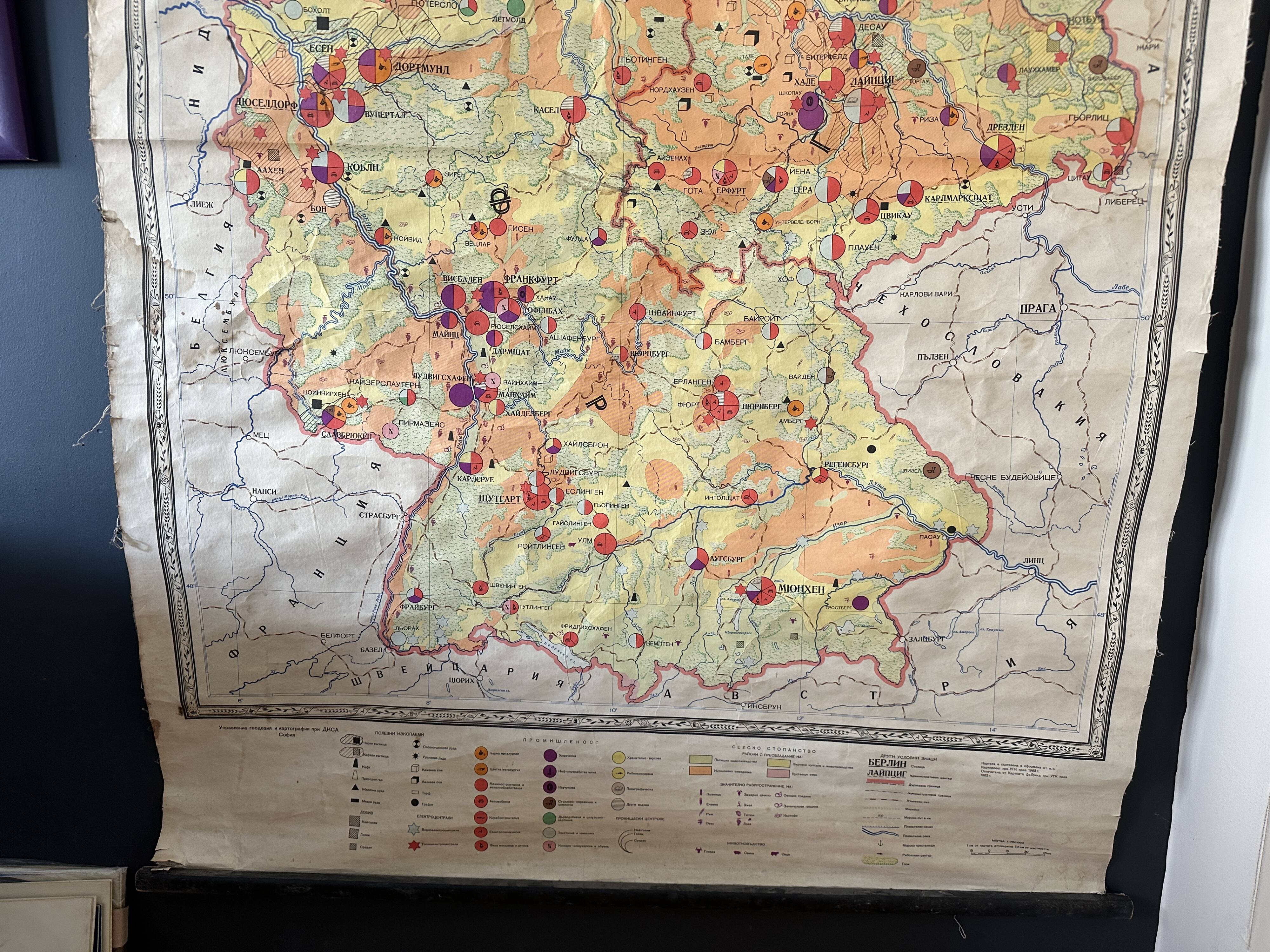 Cold war map of ddr east germany and west germany map 1963 linen school map
