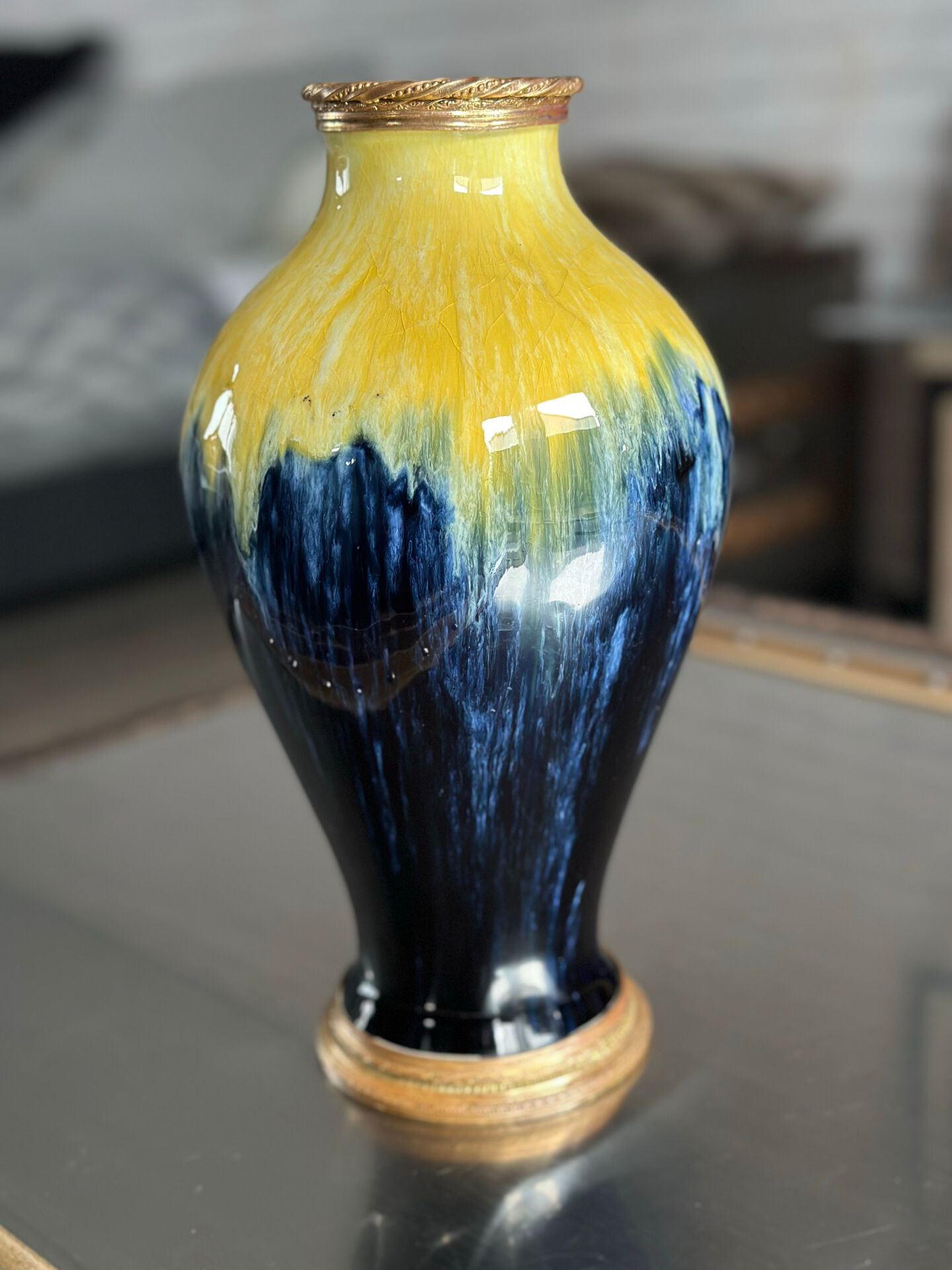 Art Deco vase in yellow and blue flamed earthenware - Shape 485, circa 1930
