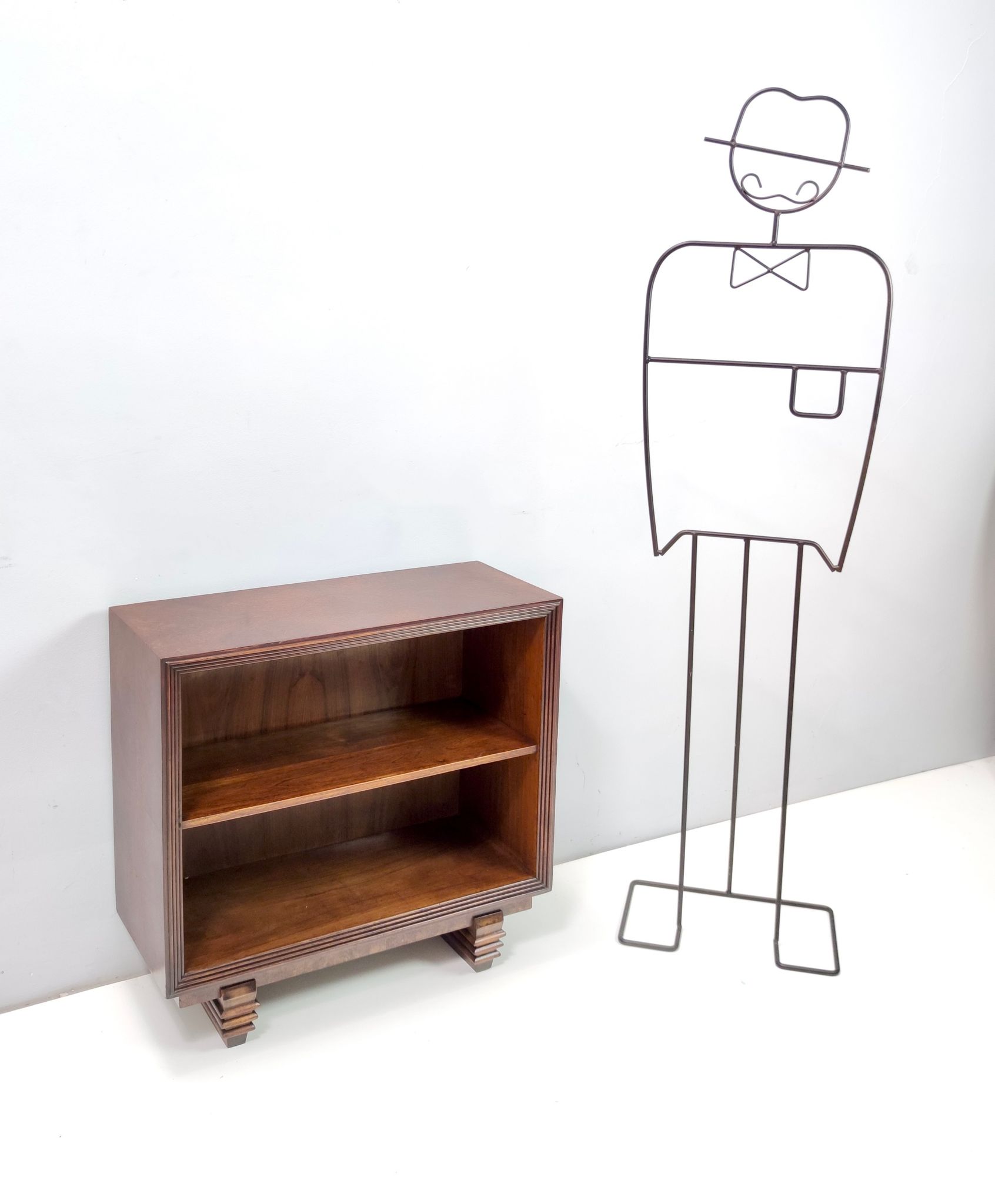 Vintage small walnut and birch root art deco bookcase, italy