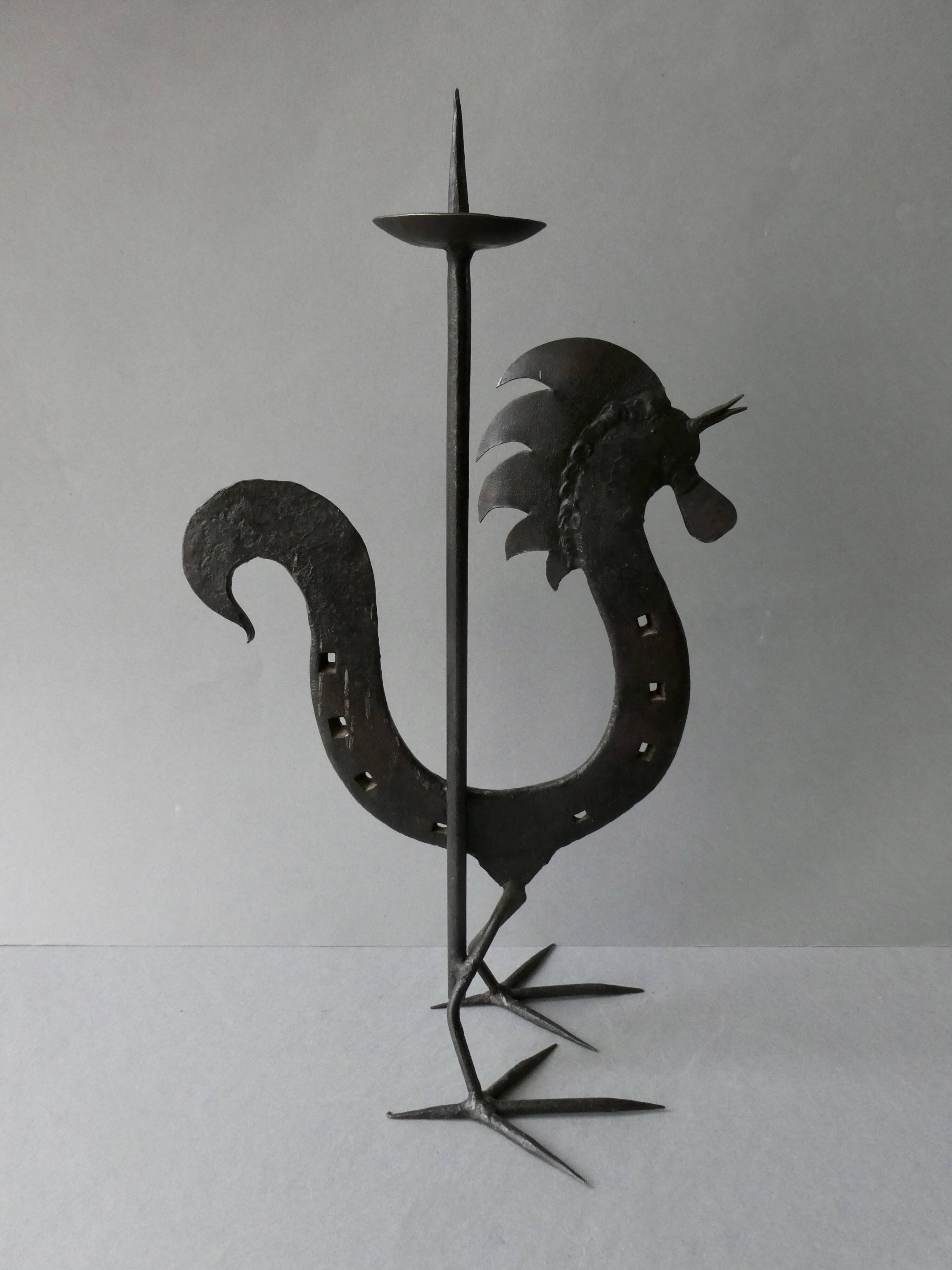 Rooster candle holder in wrought iron, brutalist