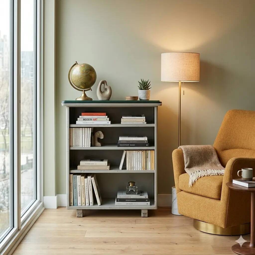 Petite bibliothèque vintage en métal, simili cuir et verre, design années 1960
