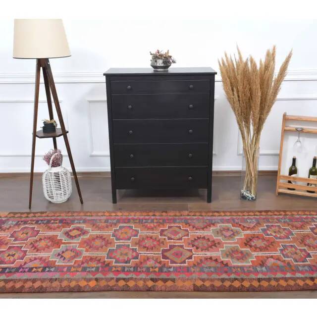 1970s Vintage Turkish Hand-Knotted Wool Cotton Orange Runner Rug 104x365