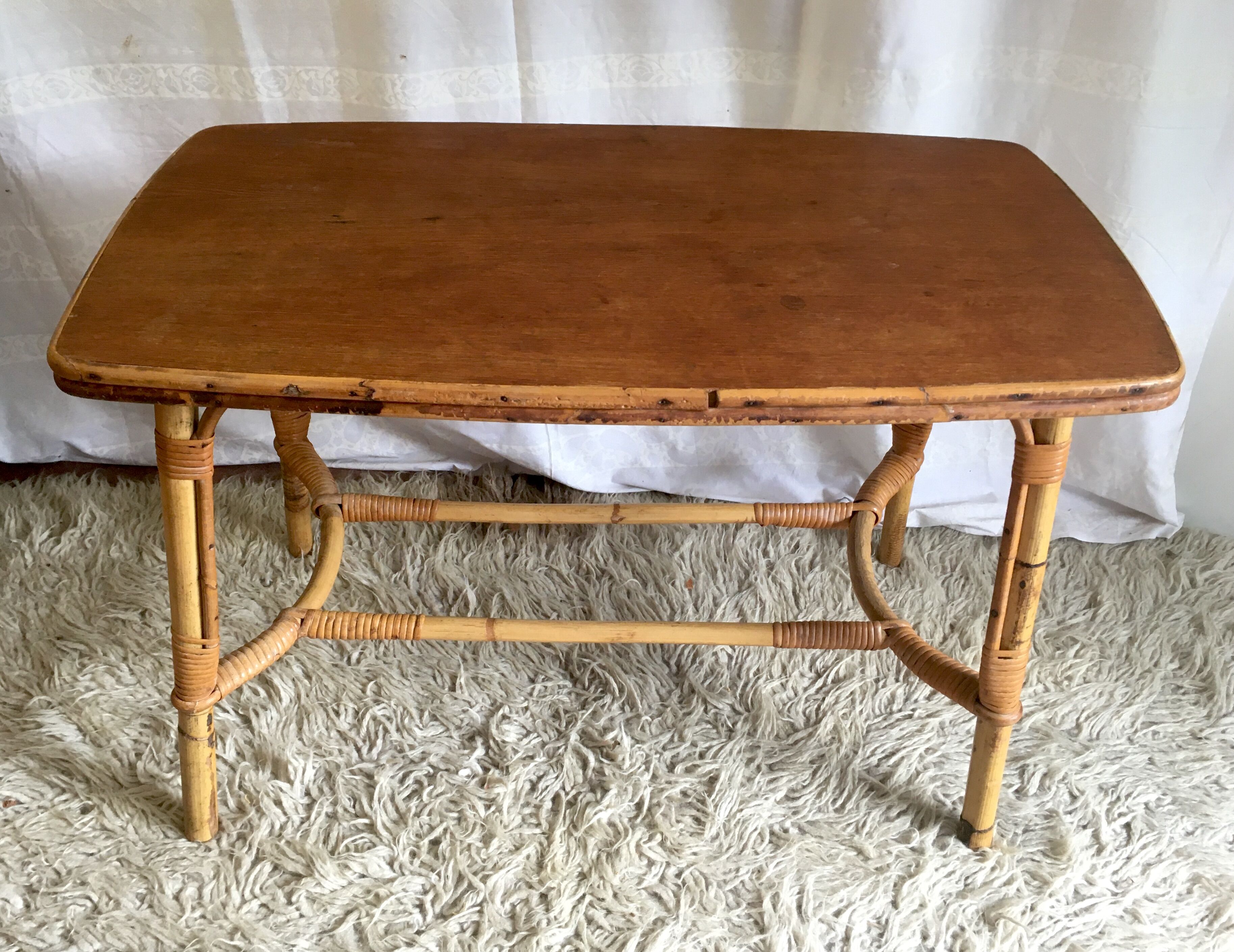 Wood and rattan coffee table - 1960s