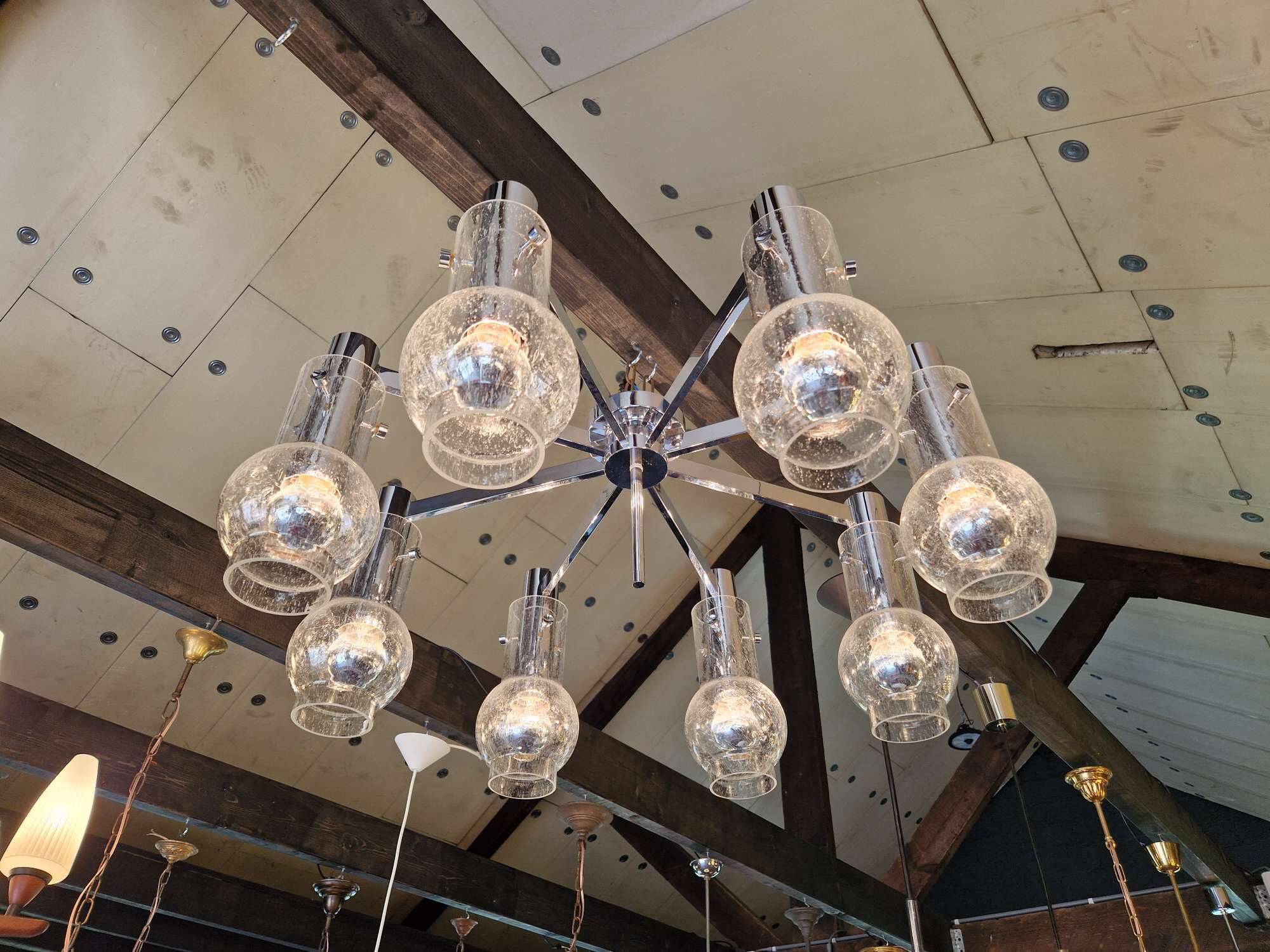 Large ceiling light/chandelier in chromed metal and bubbled blown glass, 1970s
