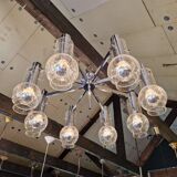 Large ceiling light/chandelier in chromed metal and bubbled blown glass, 1970s