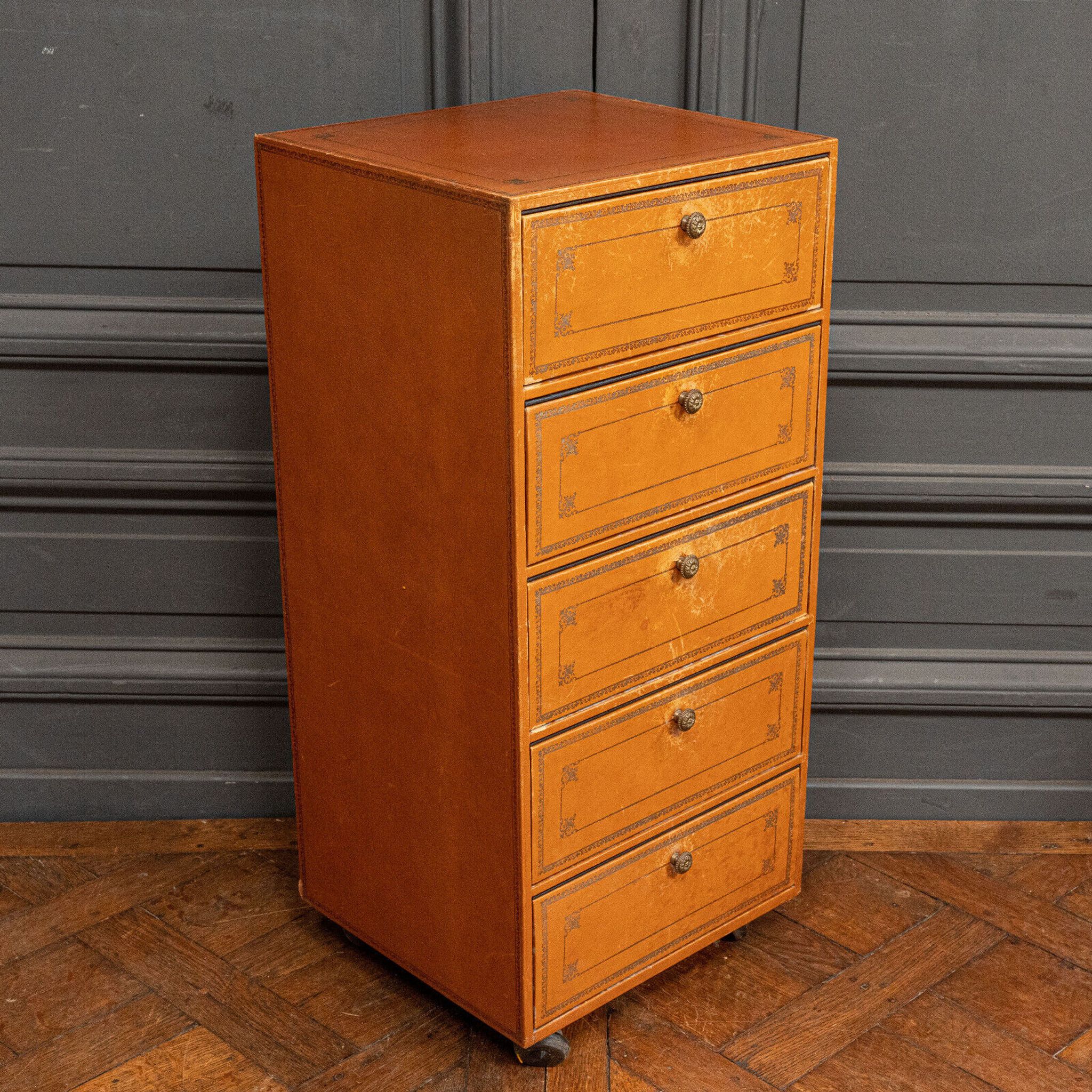 Furniture Cardboard chiffonnier leather patina fawn struck with iron 5 drawers