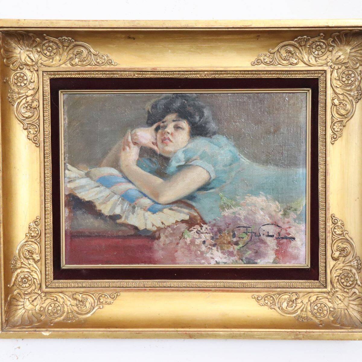 Fille allongée, peinture à l'huile sur panneau signée A Villa, Italie fin du 19ème siècle