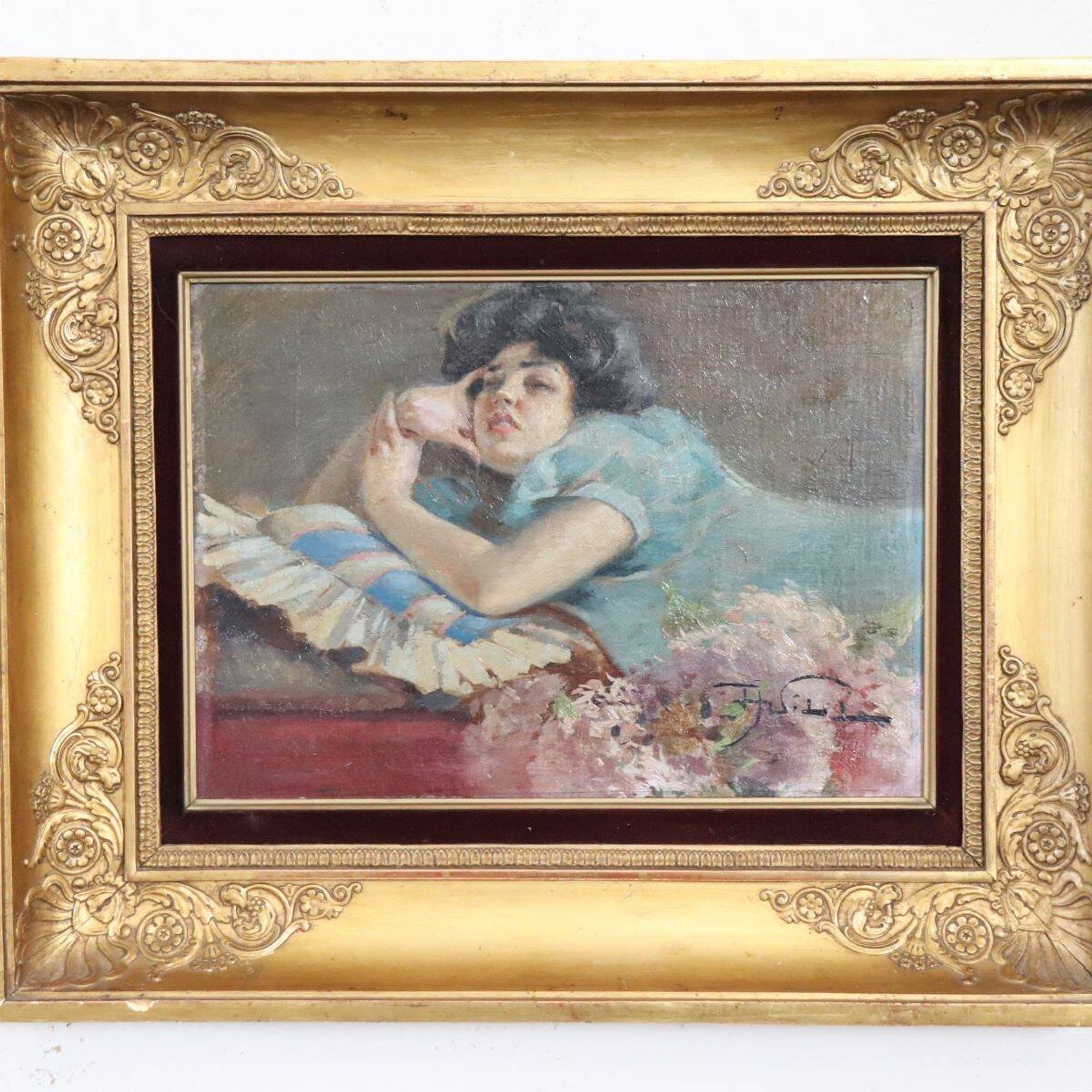 Girl Lying Down, Oil Painting On Board Signed A Villa, Italy Late 19th Century