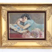 Girl Lying Down, Oil Painting On Board Signed A Villa, Italy Late 19th Century
