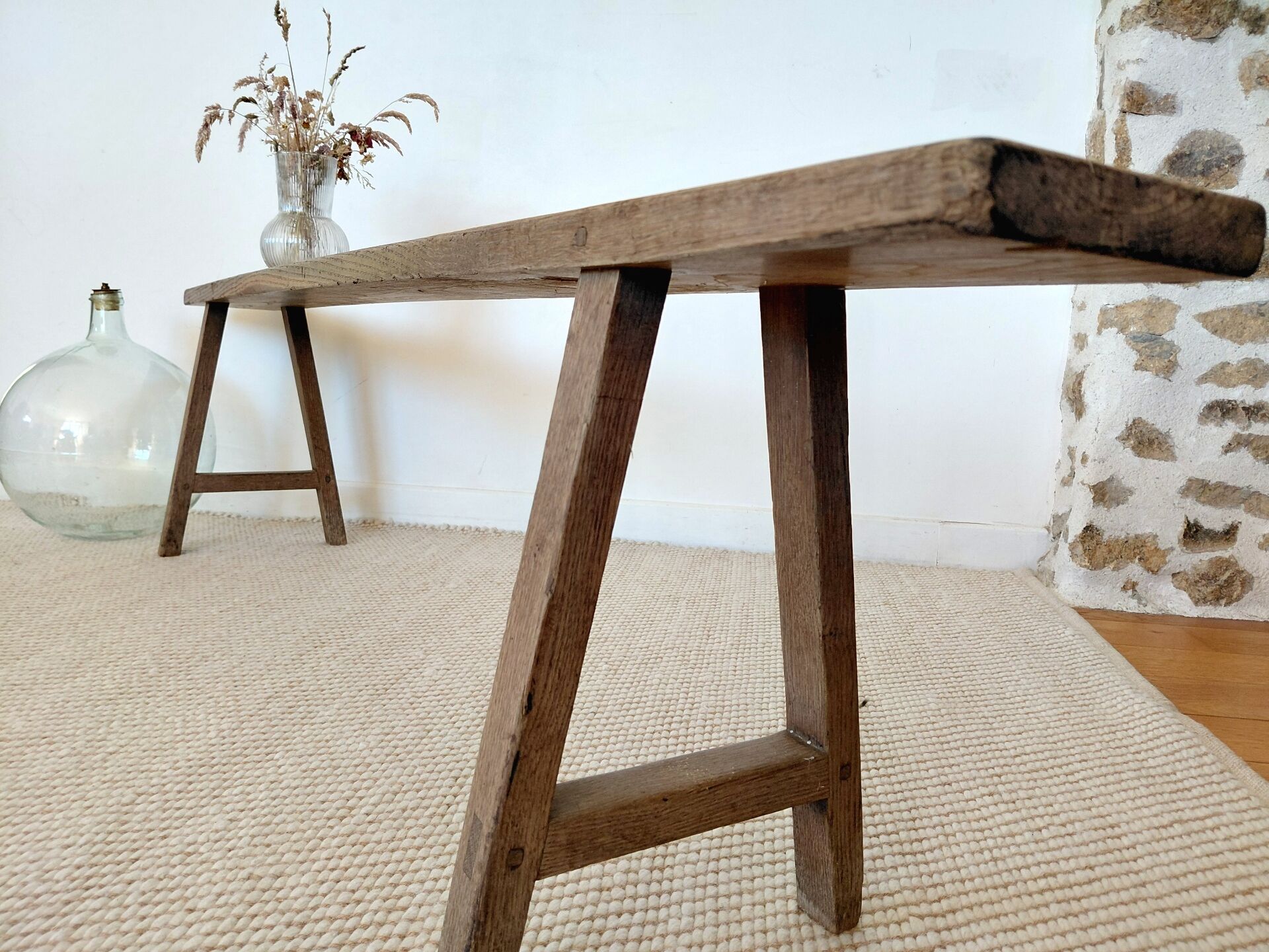 Large raw workshop bench with dowels - wabi-sabi spirit 175 cm
