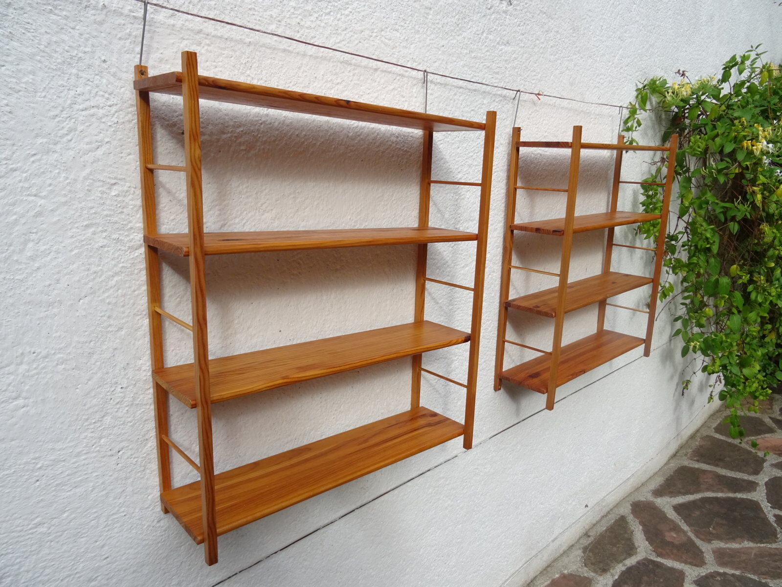Pair of modular pine wall shelves