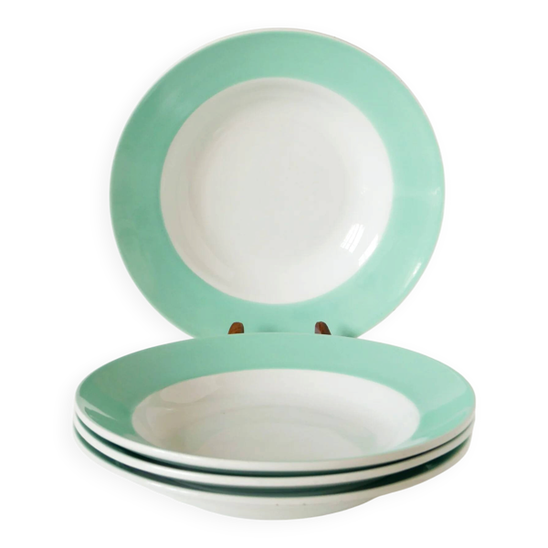 Lot de 4 assiettes creuses Badonviller à liserés, menthe, 1960