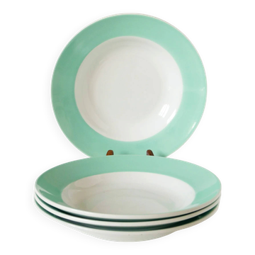 Lot de 4 assiettes creuses Badonviller à liserés, menthe, 1960