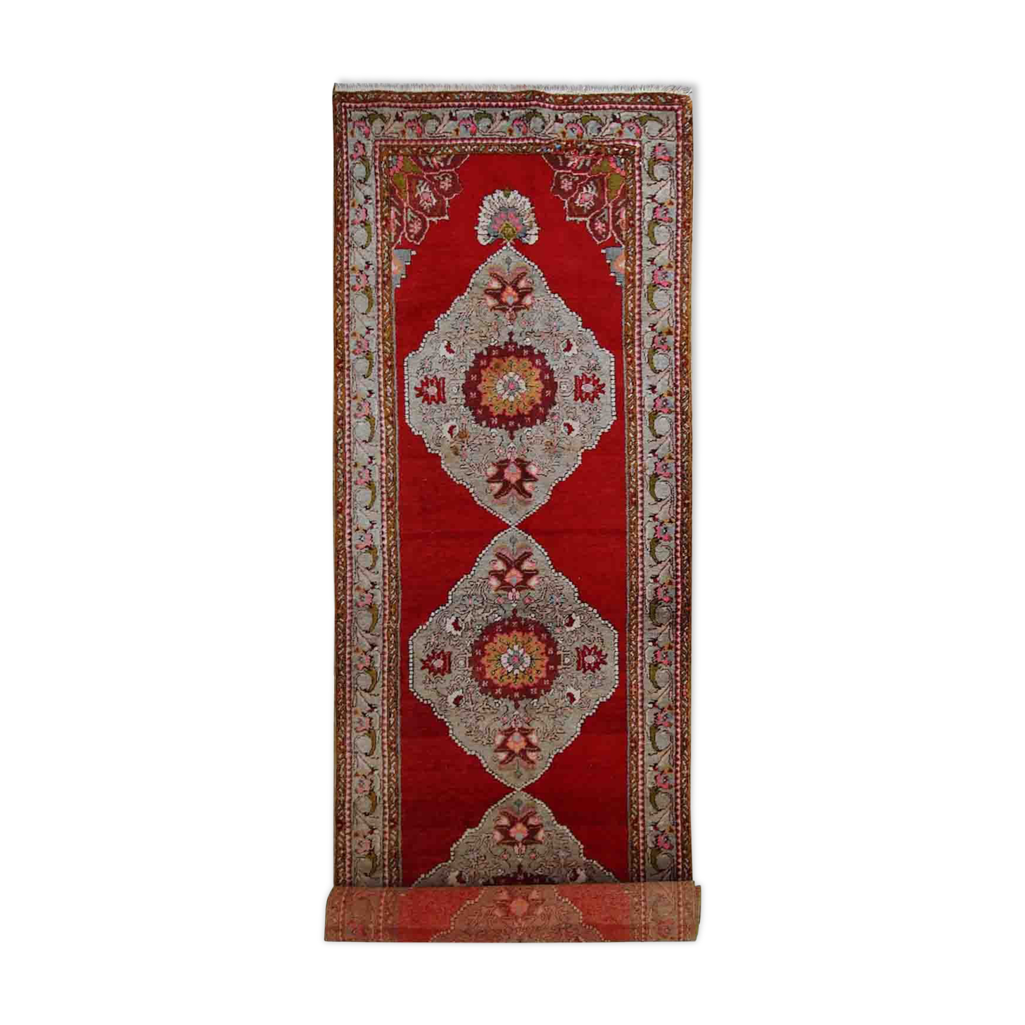 Vintage turkish oushak handmade carpet 110cm x 340cm 1940s, 1c515