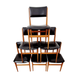 Six vintage wooden chairs and black Skaï