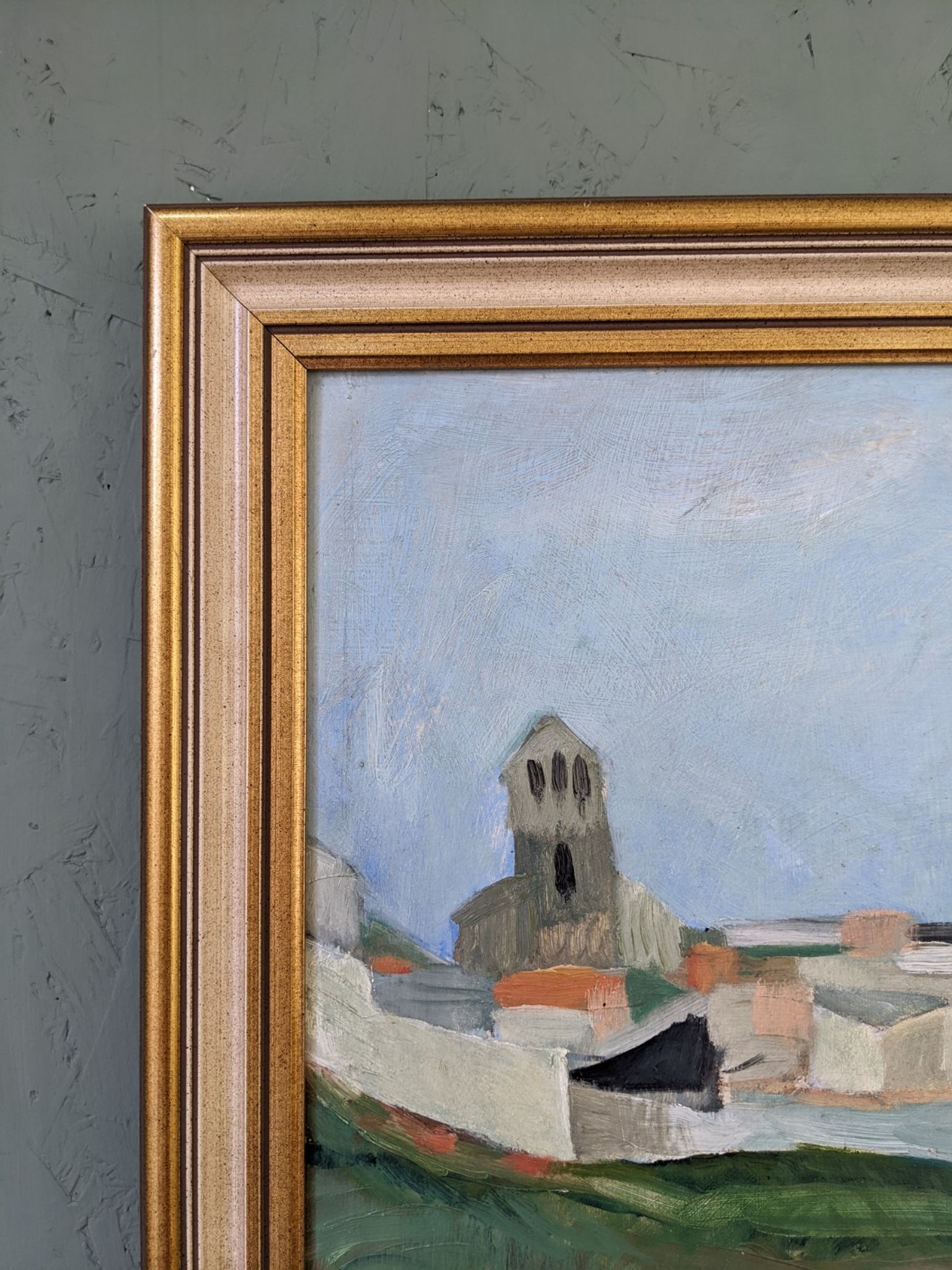Mid-century modern swedish "slope" landscape, framed oil painting