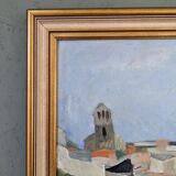 Mid-century modern swedish "slope" landscape, framed oil painting